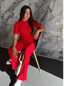 camiseta cuello redondo de hombros caídos y pantalones largos acampanados con cordón delantero y cintura alta moda casual cómoda - Rojo - Ver 2