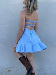Women Twisted Tube Dress Ruched Boat Neck Cut-Out Backless Sleeveless Double Pockets Flowy Ruffled Dresses - 藍色 - 查看 3