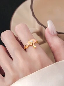 1pc Vintage Pink Peony Enamel Open Ring, Delicate Luxury Knuckle Ring, Best Gift For Girlfriend/Valentine's Day,Mom,Mother,Mother's Day,Gift