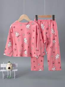 Set de 4 piezas de pijama de primavera/verano para niñas jóvenes con estampado de oso lindo y conejito de fresa en parte superior de manga larga y pantalón largo