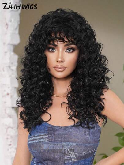  24 Inch Striking Black Afro Kinky Wigs For Women - Long Loose Deep Wave Wig With Bangs, Synthetic Heat Resistant Fiber Hairpiece For Dai7JHH WIGS 24 Inch Striking Black Afro Kinky Wigs For Women