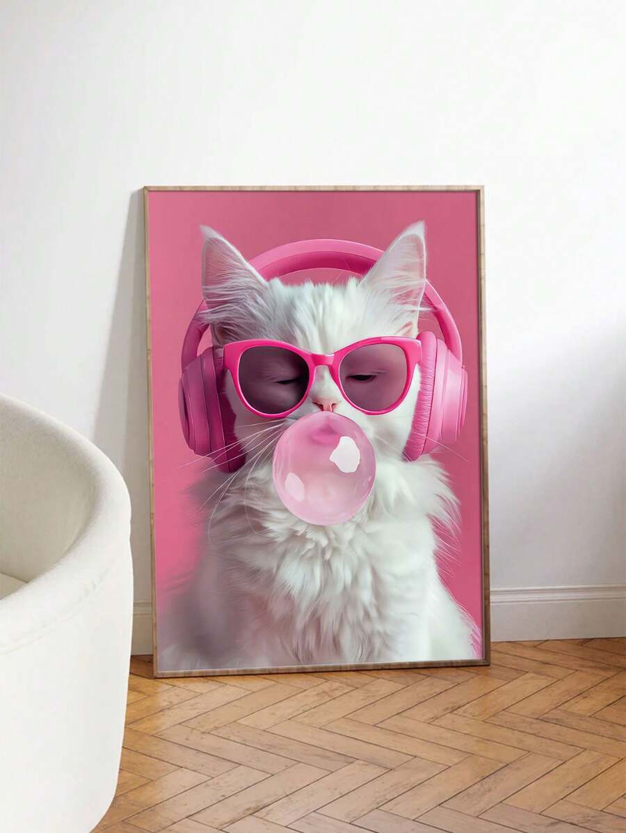 1pc Canvas Art Painting, Modern Decorative Poster Depicting A Cat Wearing Headphones And Chewing Bubble Gum, Frameless Wall Decor Suitable For Home, Office And Bathroom, High-Quality Canvas - Pink - View 1