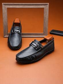 Minimalist Solid Color Low-Cut Metal Buckle Retro Style Men's Loafers Shoes, Versatile For Business, Social, Wedding, Casual, Vacation, Commute,