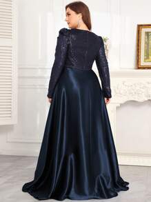 hezixi This High-Quality, Stretchy, Sequin V-Neck Long Sleeve Bodycon Dress Comes In A Full Size Range. With A Solid Color Design, It Exudes An Elegant And Luxurious Look That Highlights The Youthful Charm Of The Wearer. Suitable For Various Occasions Such As Parties, Graduations, Weddings, Events, Banquets, And Balls. This Formal Ball Gown (Deluxe Version) Can Also Be Worn As A Party Dress, Wedding Guest Dress, Or Ball Gown. - Navy Blue - View 3