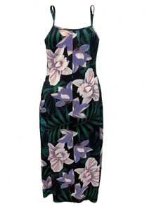 Plus Size Summer Holiday Floral & Plant Print Maxi Slip Dress - Multicolor - View 3