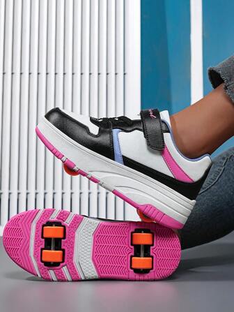 2025 新款青少年滑板鞋，拼色拼接双轮可转换魔术贴休闲运动运动鞋