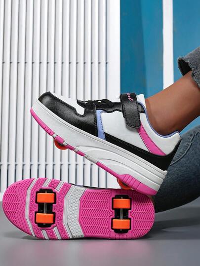 2025 新款青少年滑板鞋，拼色拼接双轮可转换魔术贴休闲运动运动鞋