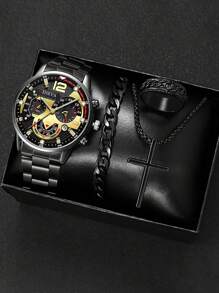 4pcs Quartz Watch Set For Men - Business Style Necklace, Bracelet, Ring, Stainless Steel Watch With Precise Date Display, Comfortable, Suitable For Casual And Sports - Ideal Gift For Him - Black - View 1