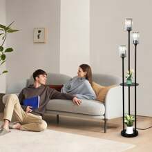 Crystal Floor Lamp With Shelves, Modern Floor Lamps For Living Room Decor, 3-Lights Standing Lamps With Table, Black Floor Lamp With Crystal Shade, On/Off Foot Switch, Corner Floor Lamp For Bedroom - 查看 6