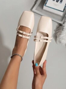 OMS Apricot Flat Loafers For Women, 2024 Spring/Autumn Fashion Sexy Square Toe Mary Jane Shoes With Contrast Strap, Thick Heels, Casual Commute Shoes