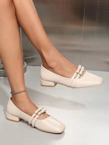 OMS Apricot Flat Loafers For Women, 2024 Spring/Autumn Fashion Sexy Square Toe Mary Jane Shoes With Contrast Strap, Thick Heels, Casual Commute Shoes