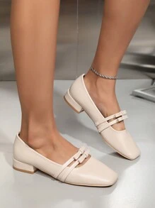 OMS Apricot Flat Loafers For Women, 2024 Spring/Autumn Fashion Sexy Square Toe Mary Jane Shoes With Contrast Strap, Thick Heels, Casual Commute Shoes