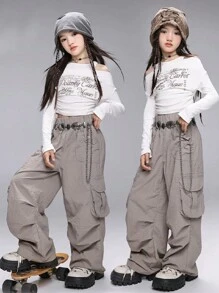 青少年女孩工装裤，春秋新款中年女孩休闲街舞嘻哈运动Y2K时尚长裤