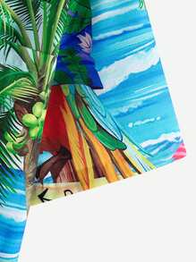 5 O'Clock Parrot Print Men's Button Pocket Short Sleeve Shirt - Baby Blue - View 4