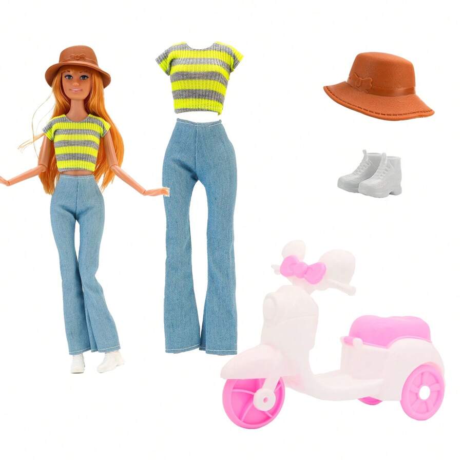 Prepare el viaje de la muñeca: hay una motocicleta de juguete, un hermoso conjunto de ropa, un sombrero y zapatos a juego perfectos, y la muñeca está feliz de salir. (Excluyendo las muñecas, los accesorios son de colores aleatorios) Adecuado para muñecas de 11.5 pulgadas