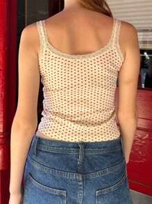 Women's Heart Print Cami Tops Sleeveless Low Cut Lace Trim Slim Fit Camisole Tank Tops - 象牙白 - 查看 4