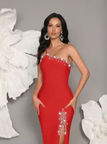 Handmade Beaded One Shoulder Knit Bandage Bodycon Dress, Elegant For Family Gatherings, Parties, And Evening Occasions - Red - View 1