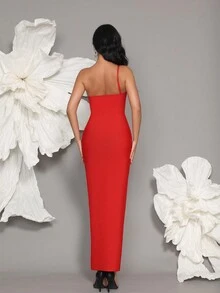 Handmade Beaded One Shoulder Knit Bandage Bodycon Dress, Elegant For Family Gatherings, Parties, And Evening Occasions - Red - View 10