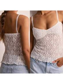 Women's Lace Cami Tops Sleeveless Spaghetti Strap Ruched Front Camisole Slim Fit Tank Tops - White - View 4