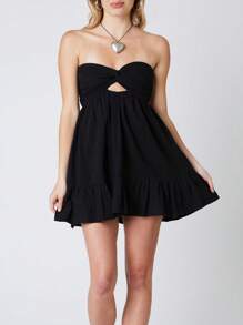 Women Twisted Tube Dress Ruched Boat Neck Cut-Out Backless Sleeveless Double Pockets Flowy Ruffled Dresses - Black - View 2