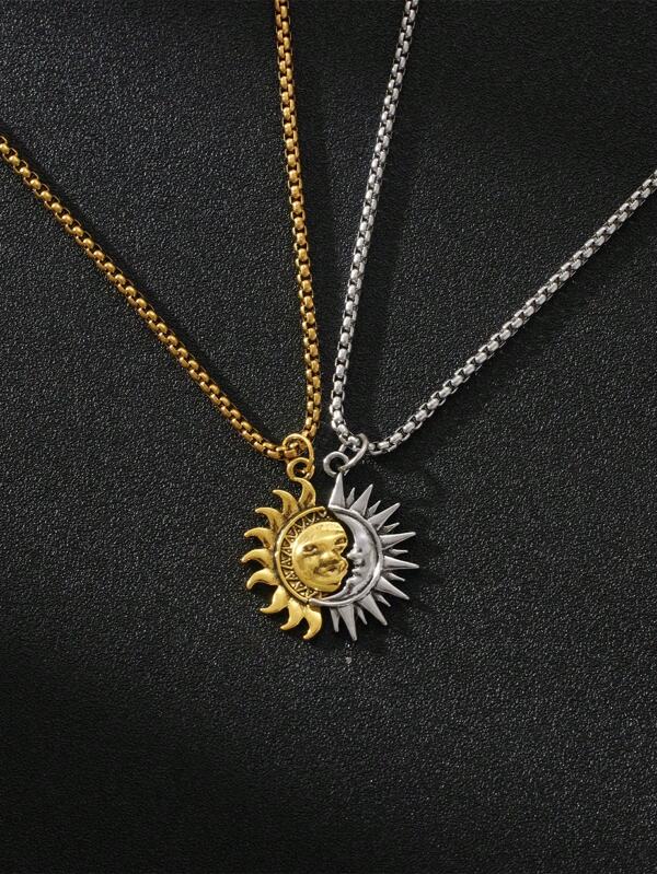 Set de 2 collares de acero inoxidable con diseños de sol y luna, apropiado para uso diario, fiestas y regalo para el Día de la Madre, mamá