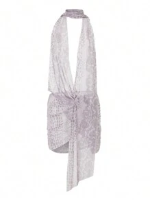 Women Lingerie Nightdress Snake Print Halter Bodycon Mini Short Sleepwear Tie-Up Dress - 灰色 - 查看 8