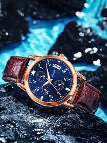 高端时尚商务手表，蓝色表盘，真皮表带