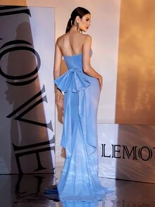 LOVE&LEMONADE Abito da sera lungo fino ai piedi, senza spalline, intrecciato, con fiocco, abito da festa, da cerimonia, elegante - celeste - Visualizzare 8