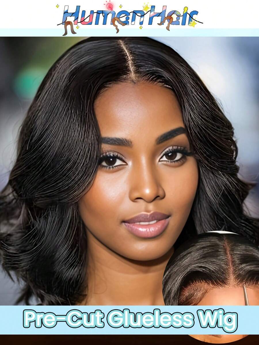 无胶假发波浪短发波波头假发真人头发 4x4 蕾丝闭合黑色 150% 密度 4*4 透明蕾丝前假发女士（8-16 英寸） - Natural Black - 查看 1