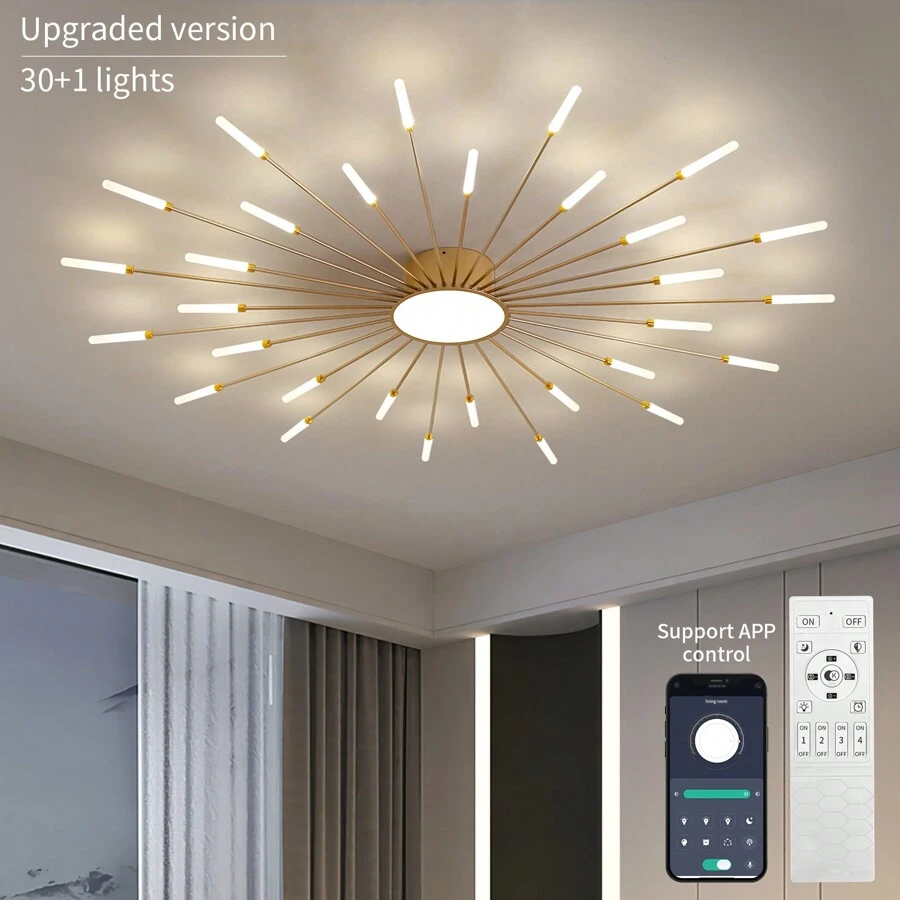 Upgraded 42-Light Modern Flower Ceiling Lamp With Firework Petals - Perfect For Living Room & Bedroom Décor - 金色 - 查看 1