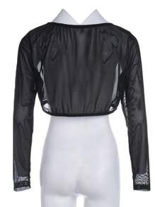 Women's Mesh See-Through Cropped Tops, Seamless Arm Shaper Compression Long Sleeve Solid Blouse - Black - View 3