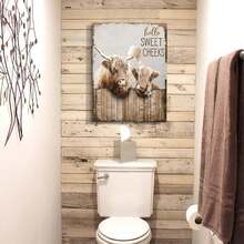 1pc Bathroom Decor Canvas Wall Art Highland Cow Pictures Wall Decor Farmhouse Bathroom Cow Painting For Bathroom Toilet Country Cattle Prints Artwork