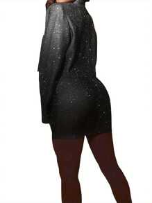 Women's Autumn And Winter 2-Piece Set With Shiny Collar, Long Sleeves, Single Button Shoulder Pads, Short Top, Wrapped Buttocks, Mini Skirt Set - Black - View 9