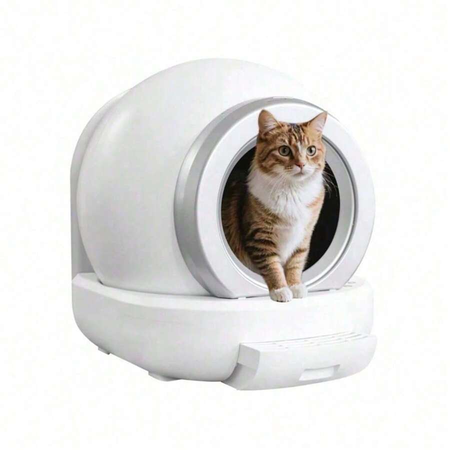 White Automatic Self Cleaning Cat Litter Box With App Remote Control, Odor Removal, Low Noise - Red and White - View 1