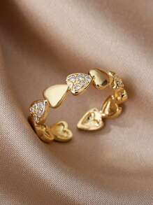 Two Heart Stainless Steel Rings With Cubic Zirconia 18K Gold-Plated Adjustable Open Ring For Women Romantic Golden Wedding Memorial Jewelry Holiday Accessories Mother's Day, Valentine's Day Gifts