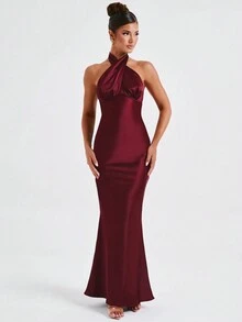 性感露背交叉领口无袖优雅鸡尾酒会礼服、派对礼服、婚礼宾客礼服