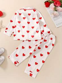 Kids Toddler Baby Girl Valentine's Day Pajamas Set, Heart Print Lapel Button Silk Pajamas 2 Piece Satin Pjs Sleepwear Outfit - 紅色 - 查看 4