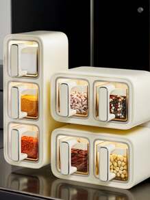 1pc Grey & Milky White Spice Jar, Spice Rack, Spice Drawer Storage Box, Self-Adhesive Wall-Mounted Spice Container, Stylish Appearance Suitable For Cabinet, Kitchen, Sugar, Salt, Pepper And Other Seasonings, Countertop And Food Storage, No Drilling Required - Multicolor - View 2