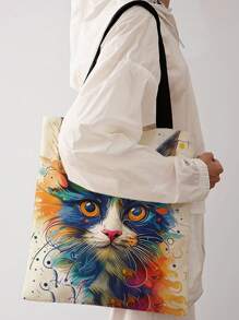 Katzen-Muster beidseitig bedruckte Schultertasche, bedruckte Handtasche, lässige Reise-Strandtasche mit großer Kapazität, wiederverwendbare Schulter-Einkaufstasche, Damen lässige Schultertasche, Handtasche mit großer Kapazität, Segeltuch-Strandtasche, Handtasche, Einkaufstasche, bedruckte Damen Einkaufstasche für den Rücken zur Schule, Schulmaterial, Rückkehr zur Schule