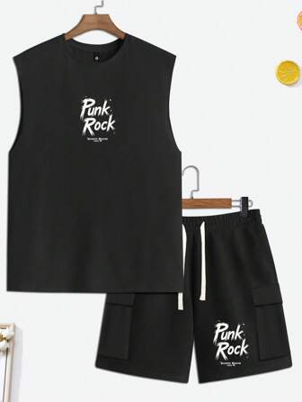 Conjunto deportivo de 2 piezas para hombre - Negro, camiseta y pantalones cortos de verano para fitness y running, atuendo casual de uso diario, diseño simple con estampado de letra