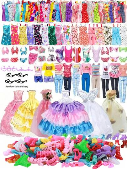 [32-Piece Deluxe Set・] Fashionable Outfit Gift Suitable For 11.5" Dolls (Includes 5 Summer Dresses + 1 Top + 1 Pants + 5 Pairs Of Shoes + 6 Necklaces + 6 Tiaras + 3 Glasses) - Materials & Designs, Mix & Match For Endless Looks! Fits Major Brand Dolls!