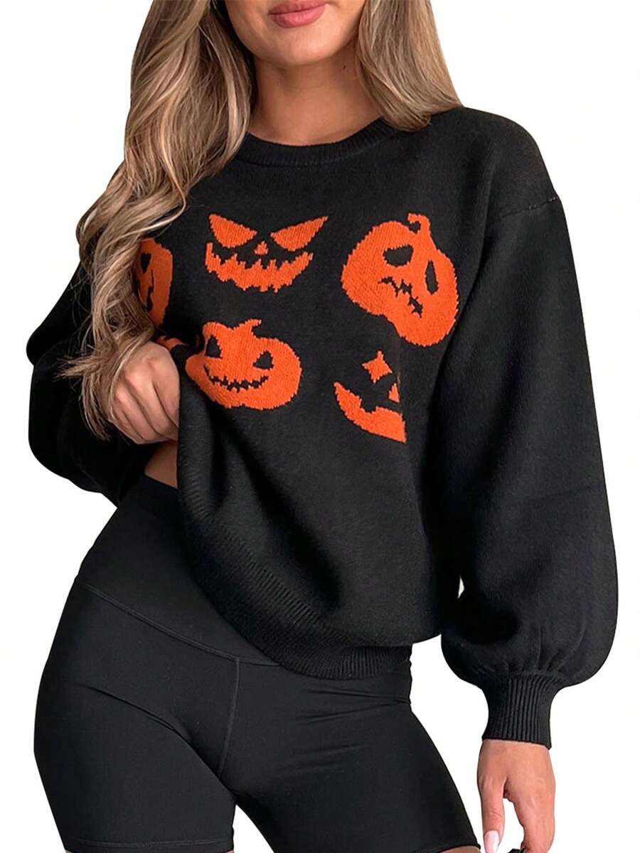 Suéteres de otoño para mujer, de Halloween, con estampado de cara de fantasma de calabaza, manga larga, cuello redondo, prendas de punto - Negro - Ver 1