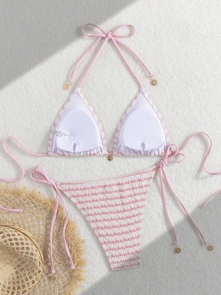 Ladies' Striped And Water Ripple Split Swimsuit Sexy Bikini SexHy Bikini Swimsuit Color Blocking Fashion High-End Hot Spring Party Bikini Careful Machine,European & American Style Sexy Halter Women Bikini Set Swimwear, For Summer Beach Vacation Hot Selling Swimsuits - Baby Pink - View 2