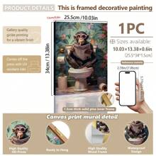 1pc, Canvas Hanging Picture, Framed Decorative Painting, Poster, Wall Art, Animals, Charming Monkey Reading Newspaper On Toilet - Canvas Wall Painting, Perfect For Modern Living Room, Bedroom, Bathroom Decoration And Gift, Art Deco Style, Modern Style, Minimalist Style, Animal Theme, Autumn, Spring Gifts Birthday Graduation