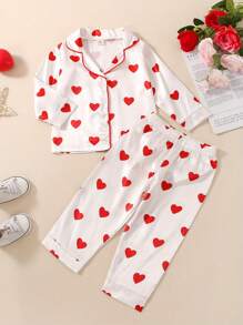 Kids Toddler Baby Girl Valentine's Day Pajamas Set, Heart Print Lapel Button Silk Pajamas 2 Piece Satin Pjs Sleepwear Outfit - 紅色 - 查看 3