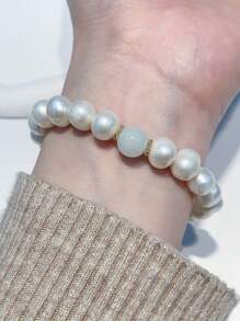 8-9 毫米近圆形淡水养殖珍珠手链，配玛瑙和玉珠，时尚百搭的女士珠宝 - 玉石珍珠手鍊 - 查看 6