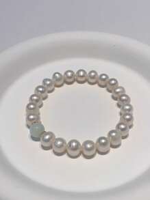 8-9 毫米近圆形淡水养殖珍珠手链，配玛瑙和玉珠，时尚百搭的女士珠宝 - 玉石珍珠手鍊 - 查看 3