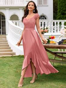 MIUSOL 花卉蕾丝甜心领盖袖缎面不对称荷叶边下摆晚会长裙婚礼宾客礼服