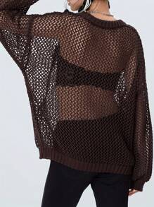 Women Hollow Out Crochet Knit Tops Solid Color Long Sleeve Round Neck Fall Sweaters - 咖啡色 - 查看 8