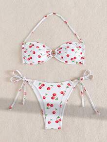 New Cherry Print Tie Bikini Set - Multicolor - View 3